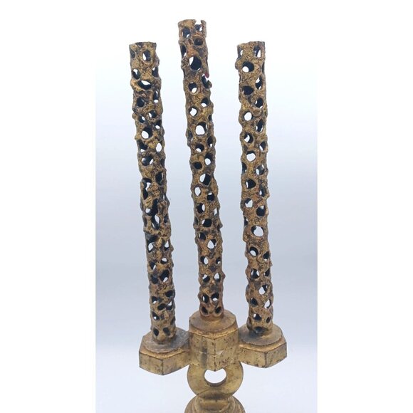 Vintage Gothic Brutalist Steampunk 3 Candle Metal Candelabra Pierced Design 16" - Picture 10 of 12